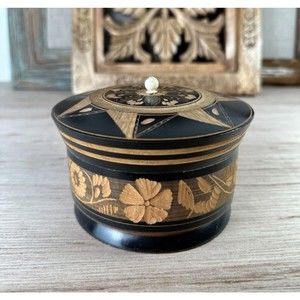 Vintage Carved Wood Round Trinket Box Spice Jar 3.5" H Light & Dark Brown OOAK